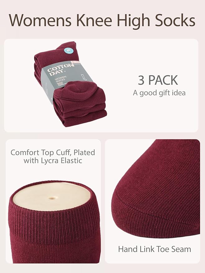 COTTON DAY Women's Soft Combed Cotton Knee High Long Calf Dress Socks Seamless Toe Black White Gray Navy Blue Brown