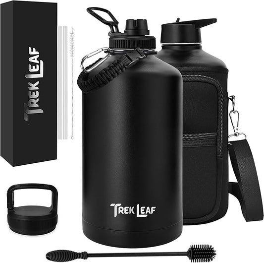 Travel Water Bottle with Carrying Bag, 3 Lids (Spout, Straw, Handle), and Bottle Brush; Leak Proof, Quality, Vacuum Insulated, Stainless Steel (Black, 128 oz)