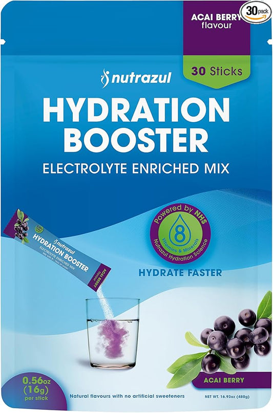 nutrazul Hydration Booster 30 Sticks | Supports Rapid Hydration | Electrolyte Enriched Mix | No Artificial Sweeteners | Acai Berry Flavor | Vegan, Gluten-Free, Non-GMO