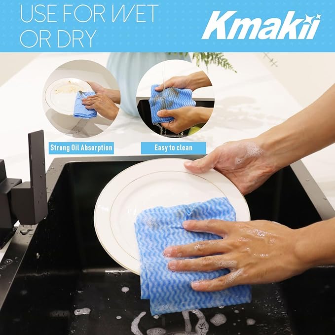 KMAKII Handi Wipe Reusable Cloths - Multi-Purpose Cleaning Cloths and Towels, Absorbent, Quick-Dry, Durable Wipes for Kitchen and Home, Blue, 11.8 x 21 inches, Pack of 40