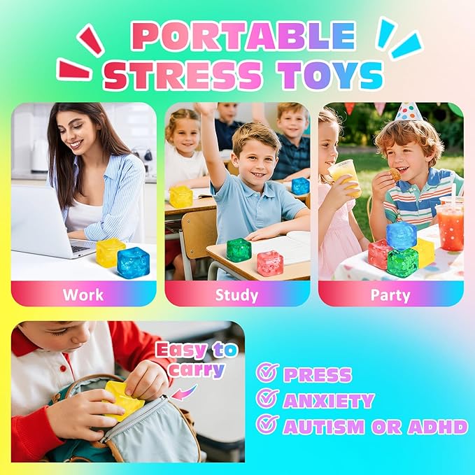 4 Pack Fidget Toy Stress Cube, Slow Rise Stress Balls Ice Cube,Mellow and Chill,Square Squishy Balls for Anxiety Relief,Nice Cube Squishy,Prize Box Toys for Kids Classroom Birthday Gifts Party Favors