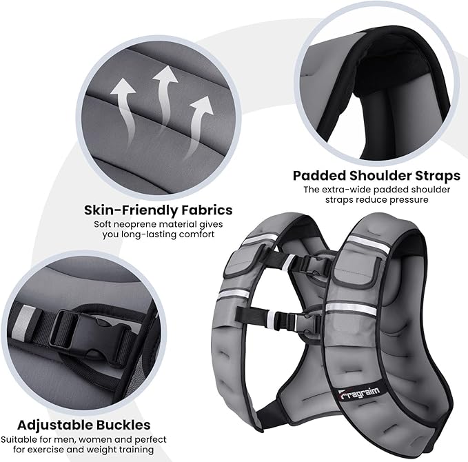 Fragraim Adjustable Weighted Vest for Women Men, 8-12lb/14-18lb/20-24lb/26-30lb Weight Vest with 4 Removable Iron Weights, Phone Holder and Back Pocket, Vest for Walking,Strength Training, Running