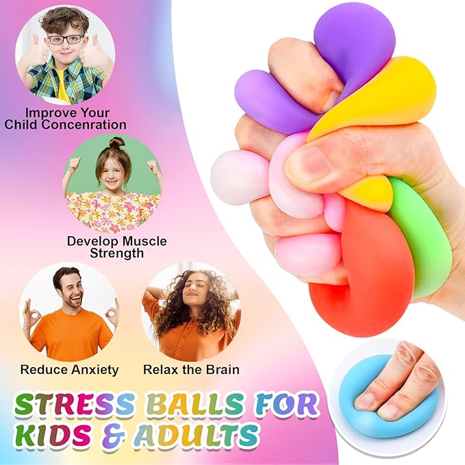24 Pack Stress Balls for Kids Adults,Slow Rising Stress Ball, Fidget Toys for Anxiety Relief,Hand Therapy Sensory Squishy Ball,Bulk Squeeze Balls,Party Favors Classroom Prizes Goodie Bag Stuffers(2")