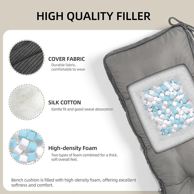 Detiblue Bench Cushion for Indoor Furniture，48x16x4Inch Tufted Bench Seat Cushion with Non-Slip, Comfortable and Durable for Shoe/Entryway/Storage with Cushion（Elita Gray）