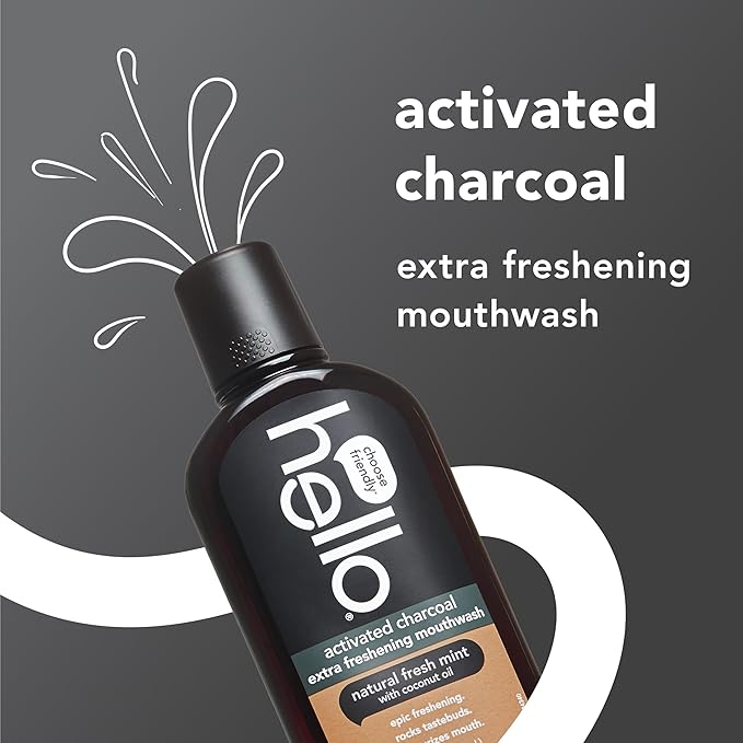Hello Activated Charcoal Extra Freshening Mouthwash, Natural Fresh Mint and Coconut Oil, Fluoride Free, Alcohol Free, Vegan, SLS Free and Gluten Free, 16 Fl Oz (Pack of 3)