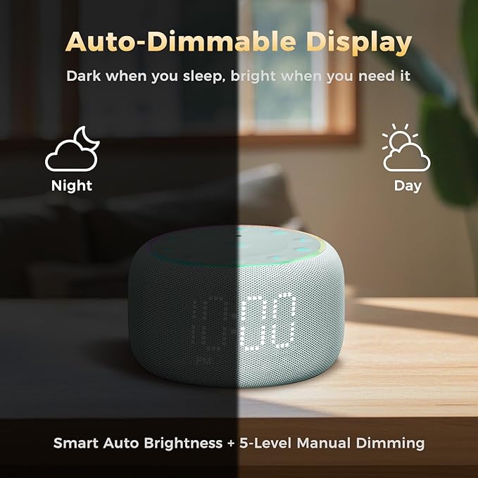 White Noise Machine Alarm Clock: Auto-Dimmable Clock for Bedrooms - 5W Stereo Bluetooth Speaker - Sound Machine with 24 Sleep Sounds for Adults Kids