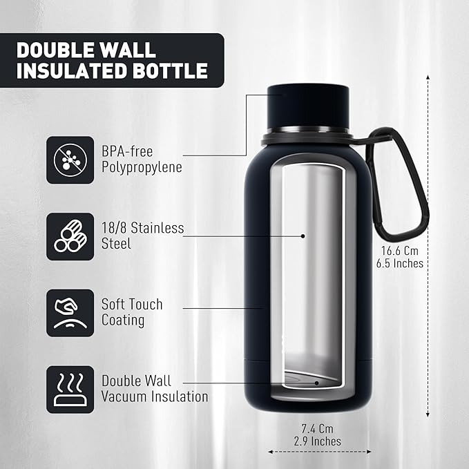 Small Water Bottle 12oz with Clip, Double Wall Stainless Steel Vacuum Small Insulated Water Bottle Keeps Drinks Cold 24 Hrs/Hot 12 Hrs for Kids Handbag School BPA Free (Black)