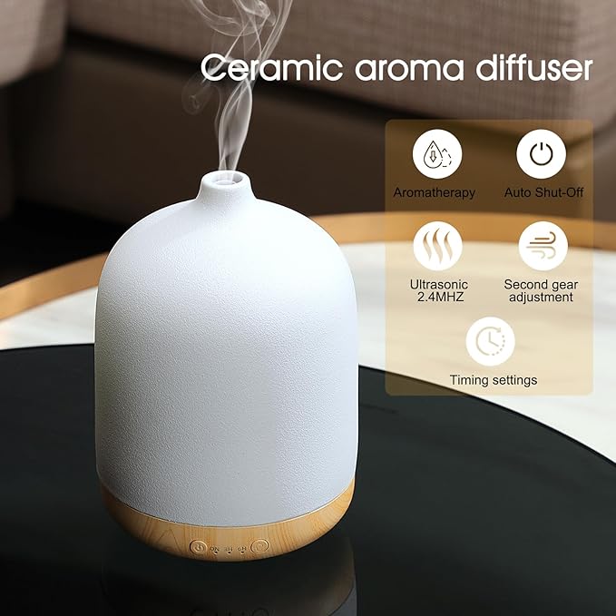 Ceramic Essential Oil Diffusers for Home, Decorative Bedroom Aromatherapy Scent Air Diffuser Ultrasonic Aroma Defusers 250ml with Timed-White