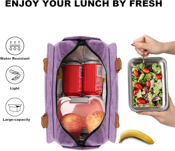 Joymee Lunch Bag Women Insulated Lunch Box with Adjustable Shoulder Strap Large Reusable Leakproof Spacious Cooler Tote for Women Men Adult with Bottle Holder and Side Pockets - Purple