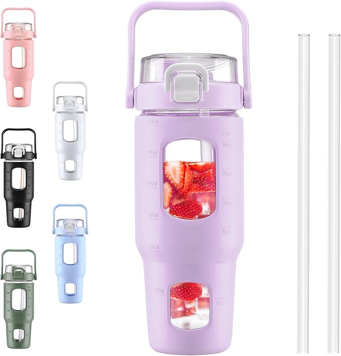 BLUEGO 32oz Glass Water Bottles with Straw Time Marker Half Gallon Large Motivational Water Bottle with Silicone Sleeve 2 Liter Large Glass Water Jug for Gym, Sports& Workout, Daily, Purple