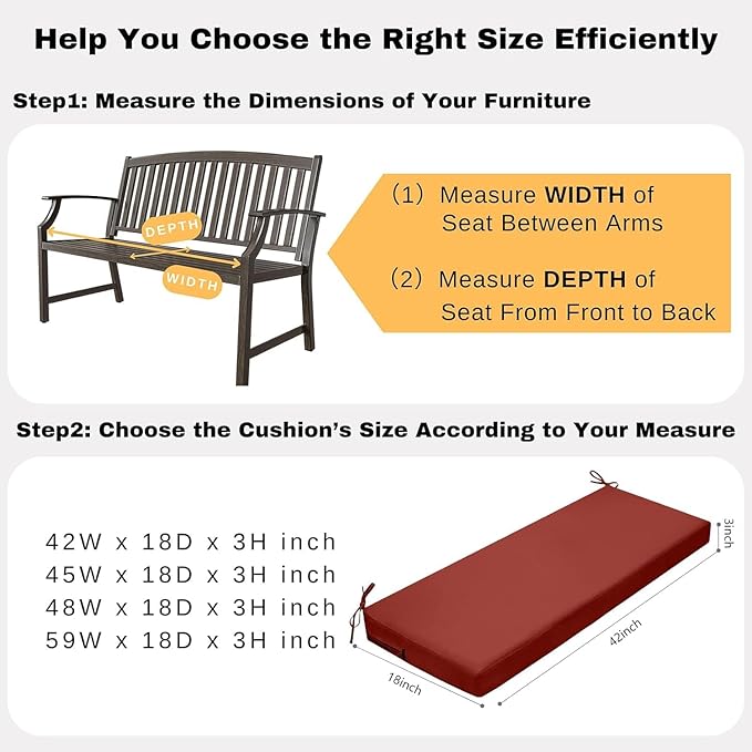 idee-home Outdoor Bench Cushion Waterproof, Bench Cushions for Outdoor Furniture, Patio Porch Swing Replacement Seat Pad with Ties for Garden Backyard, 42 x 18 Inch