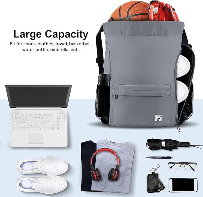 Drawstring Backpack with Mesh Pockets String Gym Bag Sackpack Sandproof Water Resistant Beach Backpack for Men Women