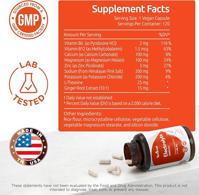 Electrolyte Capsules, Advanced Hydration Electrolytes with Himalayan Salt, Potassium, Magnesium, Calcium, B6 & B12, for Muscle & Energy Support, Made in USA, 120 Vegan Capsules