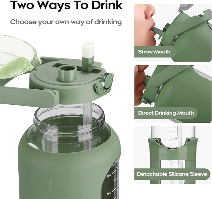 74 oz Glass Water Bolttles with Straw Large Motivational Water Bottle with Time Marker Sports Water Bottles with Silicone Sleeve and Handle Lid 2.2L Water Jug for Gym Workout