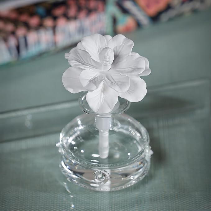 Zodax Grand Casablanca Porcelain Oil Diffuser - Home Fragrance Oil Diffuser Ideal for Living Room, Bathroom, Office - Flower Design - Gift Box Packaging Included - White Hibiscus - 1.69 Oz.