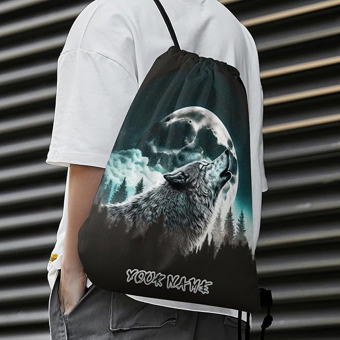 Custom Wolf Drawstring Backpack - Cute Cinch Sack, String Backpacks for Women Men Kids Boys Girls for Gym Outdoor Sports Travel Athletic Drawstring Bag - Lightweight/Foldable