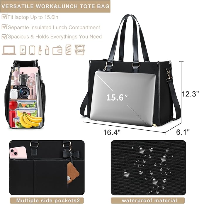 CAMTOP Lunch Tote Bag for Women,15.6 Inch Laptop Work Bag with Insulated Lunch Compartment,Water Resistant