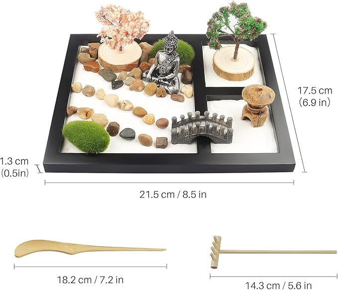 Japanese Zen Garden for Desk - Sakura Budah 9" x 7" Desktop Mini Zen Garden with White Sand Artificial Bonsai Tree Rocks Rakes & Accessories - Meditation Zen Gifts Sand Garden Kit for Office Zen Decor