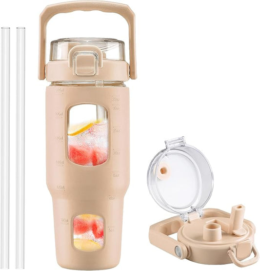 BLUEGO 32oz Glass Water Bottle with Handle and Straw|Leakproof Sports Glass Bottle with Time Marker and Silicone Sleeve|Glass Drinking Bottle for Travel, Gym, Workout, Amber