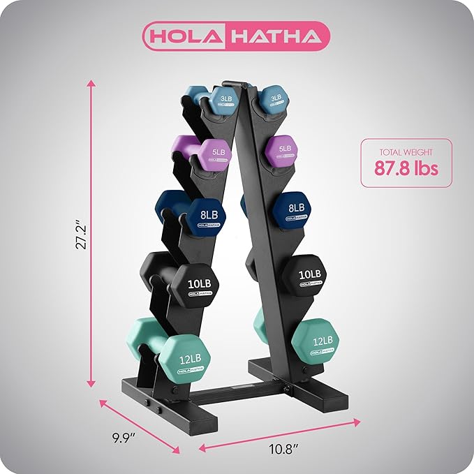 HolaHatha 2, 3, 5, 8, and 10 Pound Neoprene Dumbbell Free Hand Weight Set with Rack, Ideal for Home Exercises to Gain Tone and Definition, Pastel