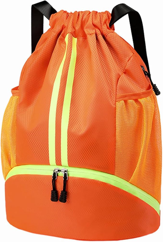 Hoedia Sports Drawstring Backpack - String Swim Gym Bag with Shoes Compartment and Wet Proof Pocket for Women/Men (Orange)