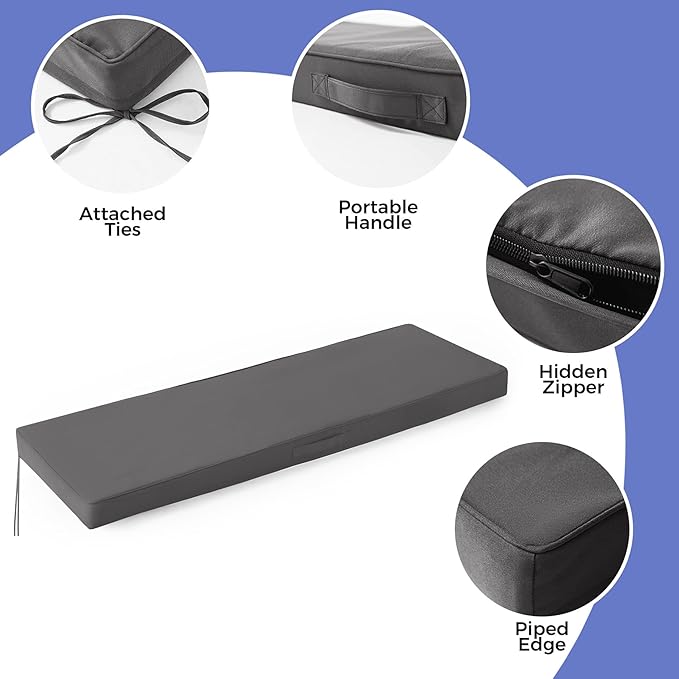 Outdoor Bench Cushions for Outdoor Furniture, 45x18x3 Inch, Waterproof Bench Pillow, Fade Resistant Long Bench Seat Pads for Garden, Indoor, Porch Swing, Dark Grey