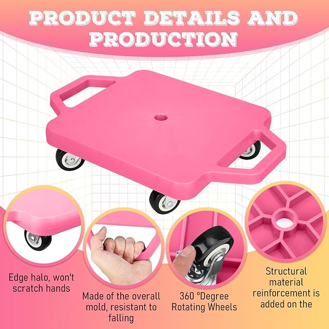 Jerify 4 Pieces Sports Scooter Board with Handles Plastic Casters Floor Sitting Scooter Boards for Kids Children Gym Indoor Outdoor Activities Play Equipment, 11.22 x 11.22 inch