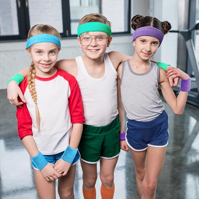 Bememo 36 Pcs Neon Sweatbands Set for Kids Bulk Sports Headband Wristband Set Cotton Terry Basketball Tennis for Students Youth 80s 90s Halloween Costumes Cosplay Glow Party