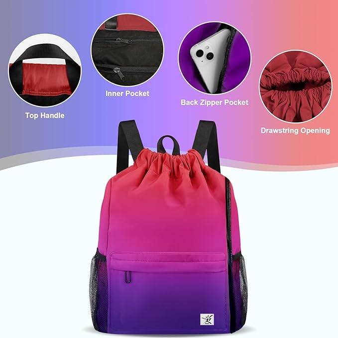 Drawstring Backpack with Mesh Pockets String Gym Bag Sackpack Sandproof Water Resistant Beach Backpack for Men Women