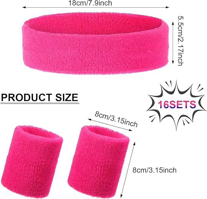 48 Pcs Football Sweatbands Bulk for Men Women Striped Sweatband Set, Include 16 Headband and 32 Wristbands Sports Neon Accessories for 80's Costume Party Athletic Gym