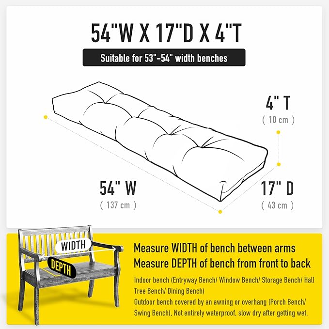 SUNROX LokGrip Non Slip Tufted Memory Foam Bench Cushion, FadeShield Water Resistant Durable Thicken Outdoor/Indoor Bench Seat Pads 54x16x4 inch, Heather Fern