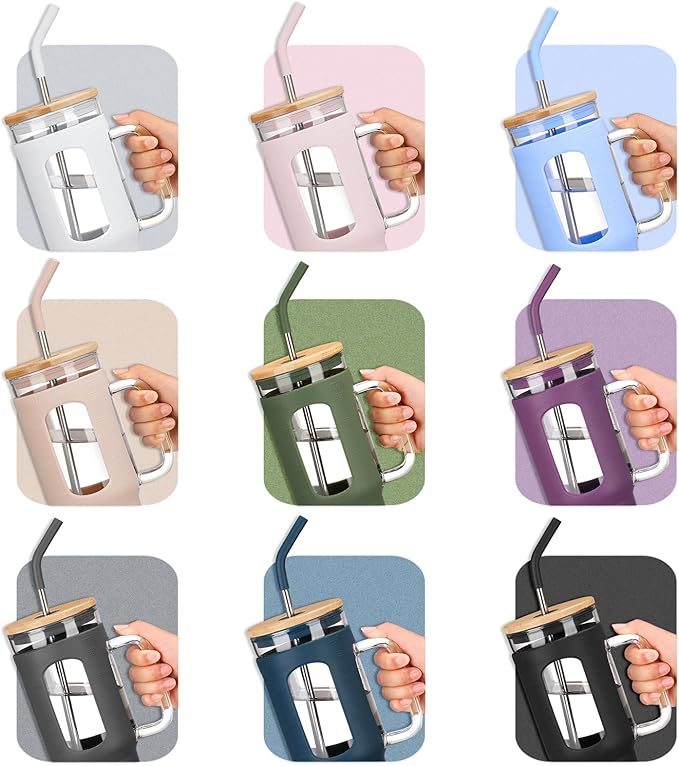 Glass Tumbler with Lid and Straw, 46 oz Iced Coffee Cup with Handle, Glass Water Bottles with Silicone Sleeve, BPA Free-Dark Purple