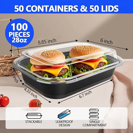 50 Pack (100-Piece) - 28oz Meal Prep Containers Salad & Snack Storage for Lunch | BPA Free & Leakproof Food Containers | To Go Take Out Plastic Bento Box | Microwave, Freezer, Dishwasher Safe