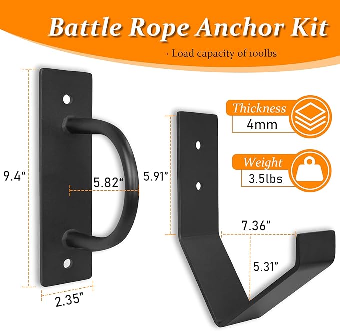 Battle Rope Anchor Kit Wall Mount, Set With Workout Wall Anchor And Rope Hook For 30-50 Feet, 1-2.5" Battle Ropes For Home Gym, Battle Rope Wall Mount Holder, Heavy Duty Gym Storage Rack