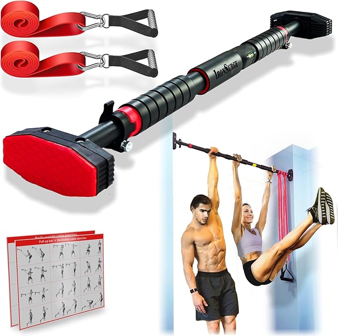 Pull Up Bar for Hallway or Doorway 6-piece Set with Two Attachable Resistance Bands/Handles, Training Manuals, No Screws Chin Up Bar, Max 680lbs, Width options: 27-37", 37-47"; 46-53"