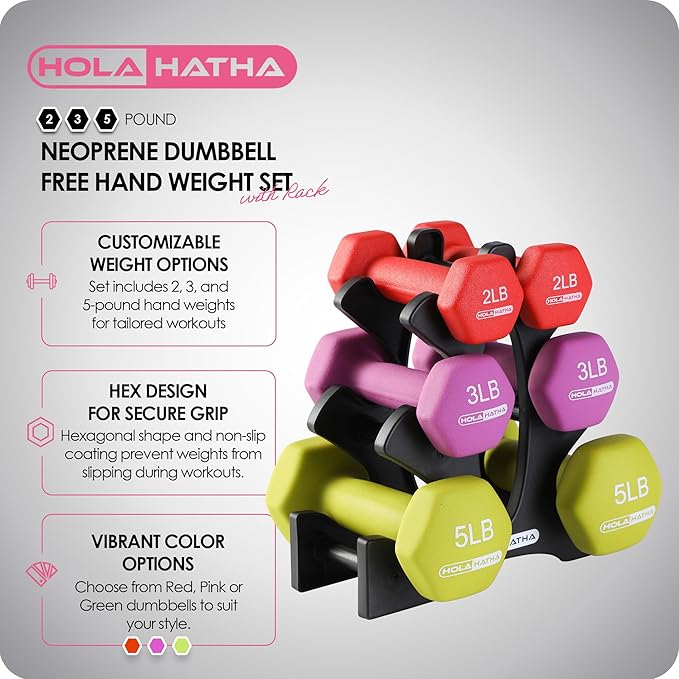 HolaHatha 2, 3, 5, 8, and 10 Pound Neoprene Dumbbell Free Hand Weight Set with Rack, Ideal for Home Exercises to Gain Tone and Definition, Pastel