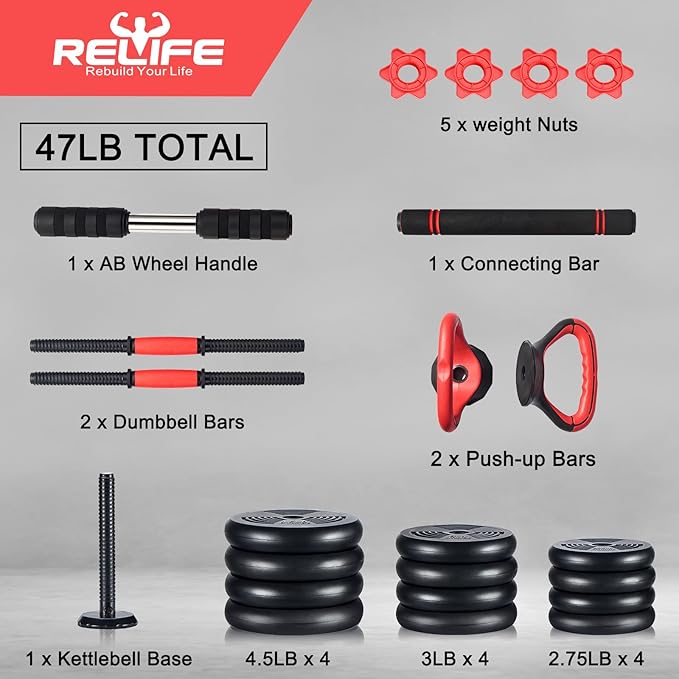 RELIFE REBUILD YOUR LIFE Adjustable Dumbbells Set 6 in 1 Weight Set Dumbbell Barbell Kettlebells, Push-up, Push up Stand and Ab roller for Workout Home Fitness Equipment