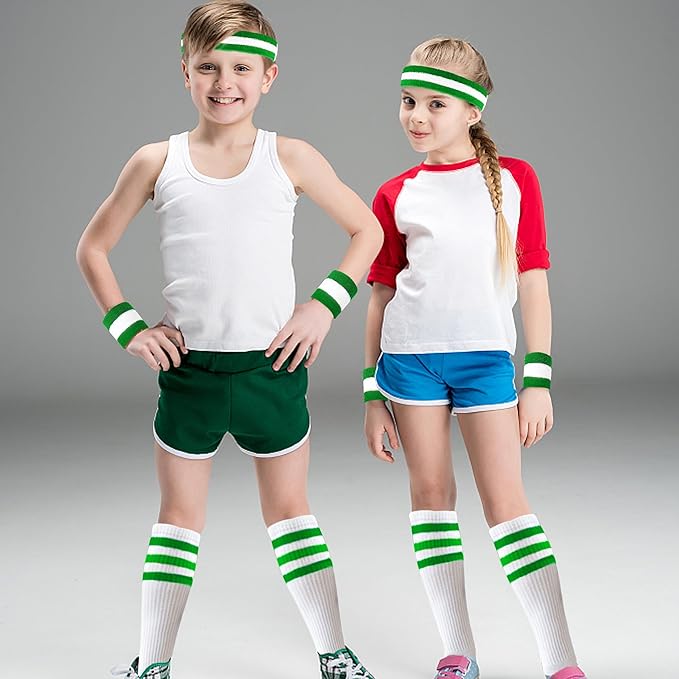 10 Pieces Striped Sweatbands and Striped Socks Set Headbands Wrist Sweat Bands for Men and Women Sports 80s 90s Fitness