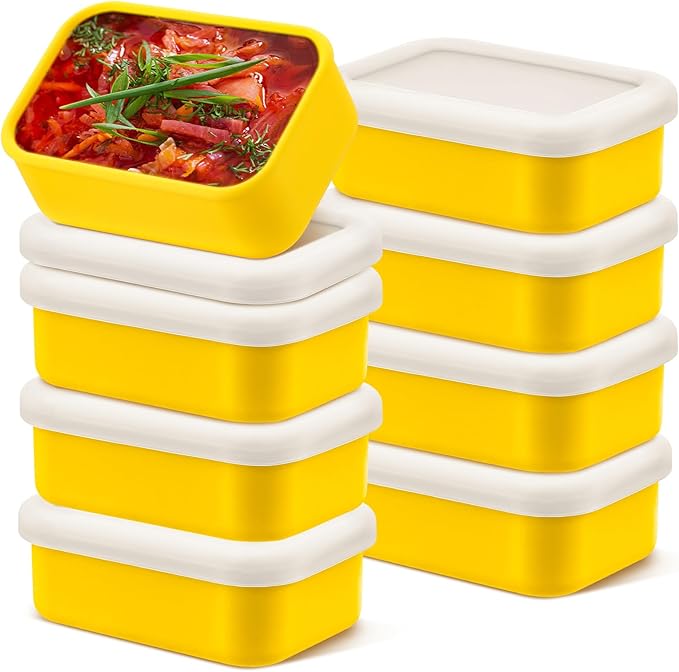 Nuogo 8 Pcs 1 Cup Silicone Freezer Containers with Lid Soup Freezer Molds Silicone Soup Containers Rectangle Trays Reusable Food Preserving Tray Ice Trays for Soups Sauces Stews(Yellow)