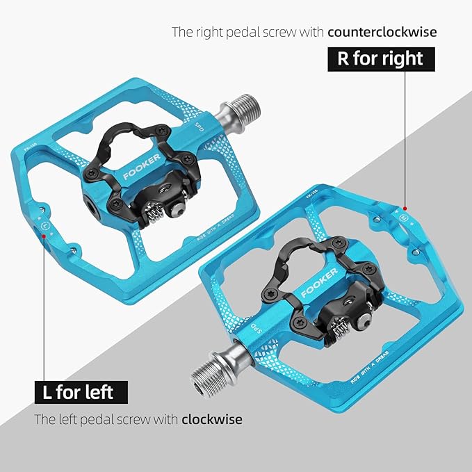 FOOKER MTB Mountain Bike Pedals, Dual Function Flat and Pedal,3 Sealed Bearing Flat Platform Compatible with Clipless Pedal Aluminum 9/16" Pedals with Cleats for Road Mountain BMX MTB