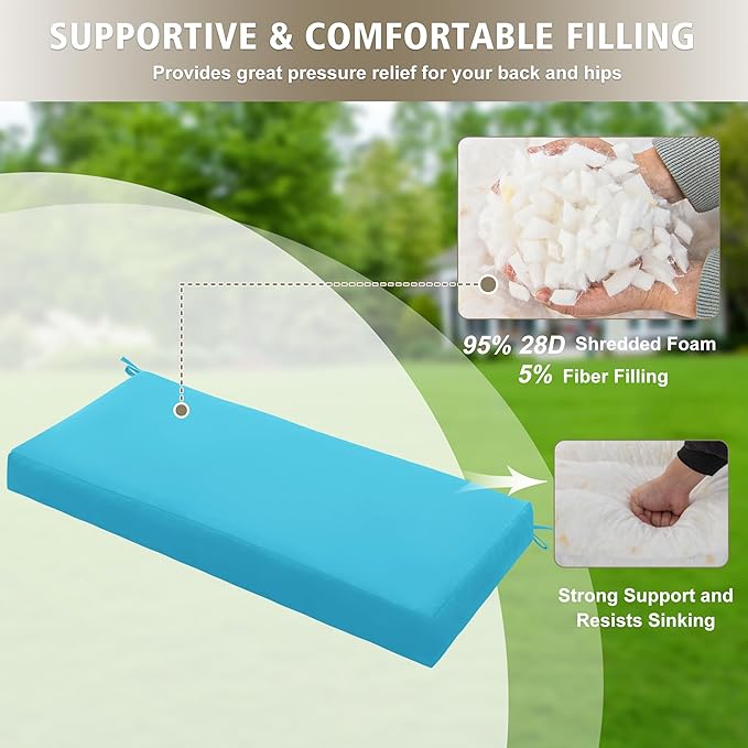 Outdoor Bench Cushion Waterproof 45"x18" – Fade-Resistant Patio Furniture Cushion with Ties for Porch Swing, Loveseat, or Indoor Bench Replacement, Teal