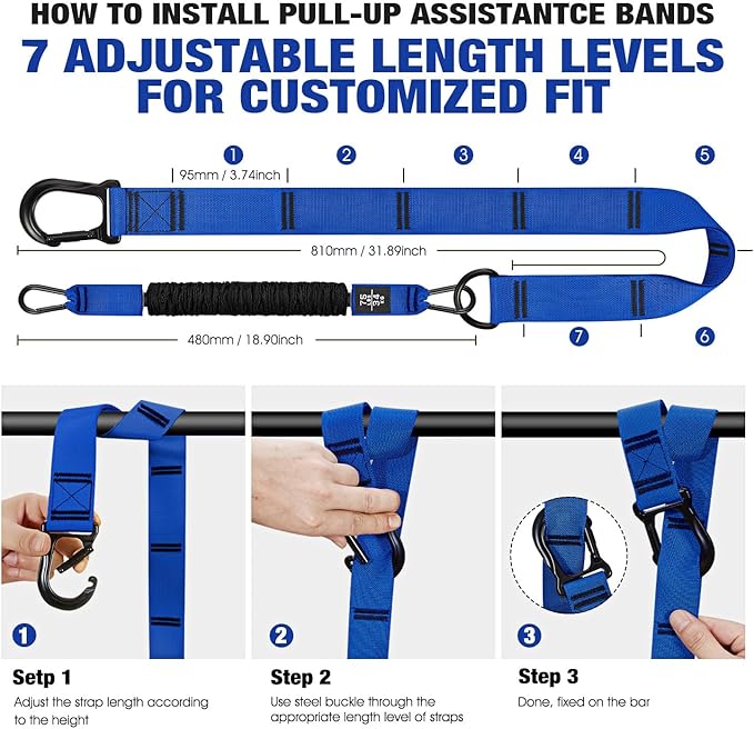 Pull Up Assistance Bands, Pull Up Bar Resistance Bands, Pull Up Bands for Enhanced Strength Training, Muscle Training, 3 Heavy-Duty Adjustable Pull Up Assist Strap & Comfortable Foot Strap