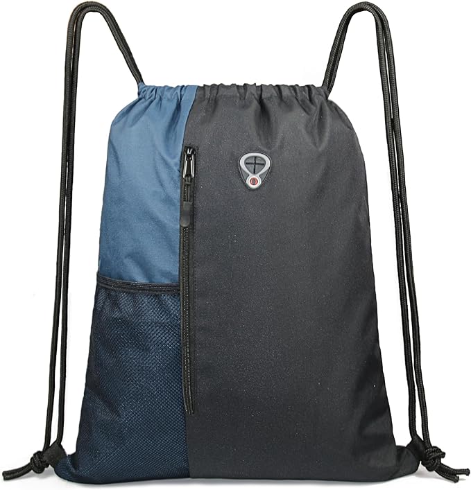 BeeGreen Haze Blue Drawstring Backpack Gym Bag For Men & Women – Sports Sackpack with Mesh Water Bottle Holder & 2 Zippered Pockets – Large 16x20 Inch Cinch String Backpack