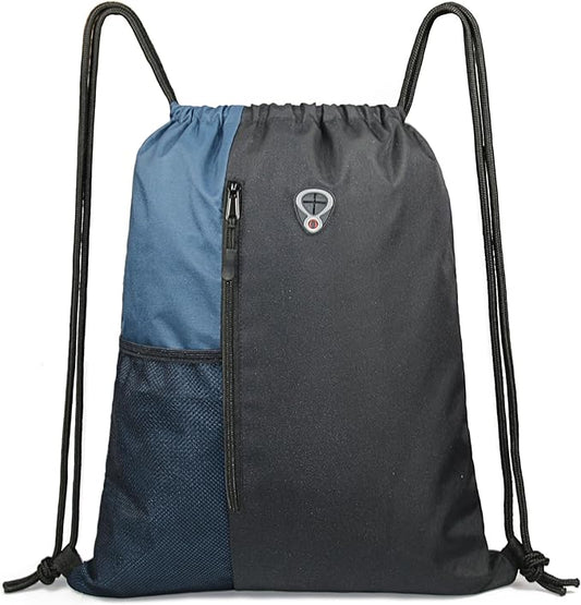 BeeGreen Haze Blue Drawstring Backpack Gym Bag For Men & Women – Sports Sackpack with Mesh Water Bottle Holder & 2 Zippered Pockets – Large 16x20 Inch Cinch String Backpack