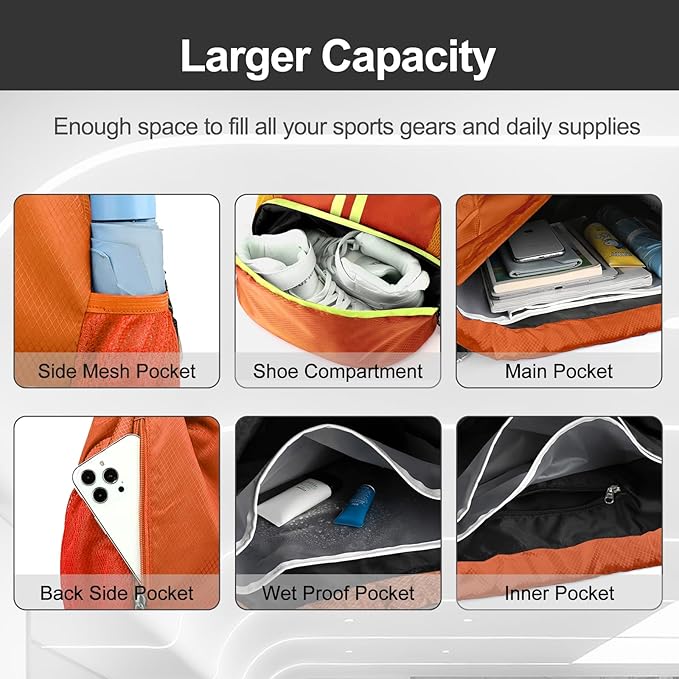 Hoedia Sports Drawstring Backpack - String Swim Gym Bag with Shoes Compartment and Wet Proof Pocket for Women/Men (Orange)
