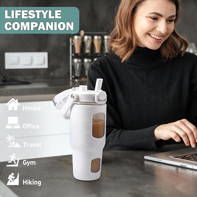 BLUEGO 32oz Glass Water Bottles with Straw Time Marker Half Gallon Large Motivational Water Bottle with Silicone Sleeve 2 Liter Large Glass Water Jug for Gym, Sports& Workout, Daily, White