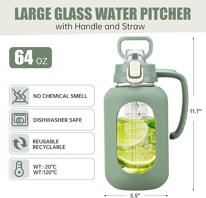 64 oz Glass Water Bottle with Straw and Handle Half Gallon Water Jug with Silicone Sleeve Large Water Bottle for Office, Gym, Outdoor Sports