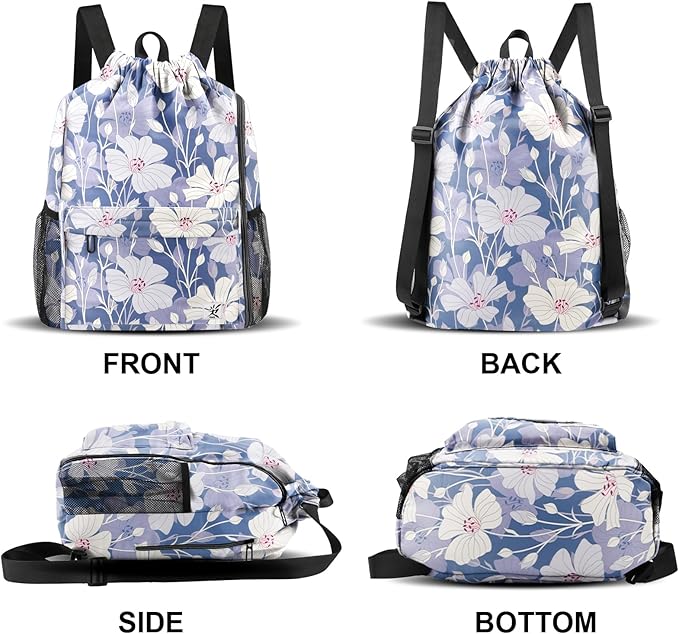 Drawstring Backpack with Mesh Pockets String Gym Bag Sackpack Sandproof Water Resistant Beach Backpack for Men Women