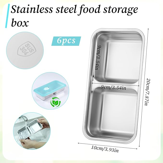 Stainless Steel Snack Containers with Lids, 6 Pcs Double Compartment Lunch Box Reusable Leakproof Condiment Box Dishwasher Safe for Travel Camping and Meal Prep