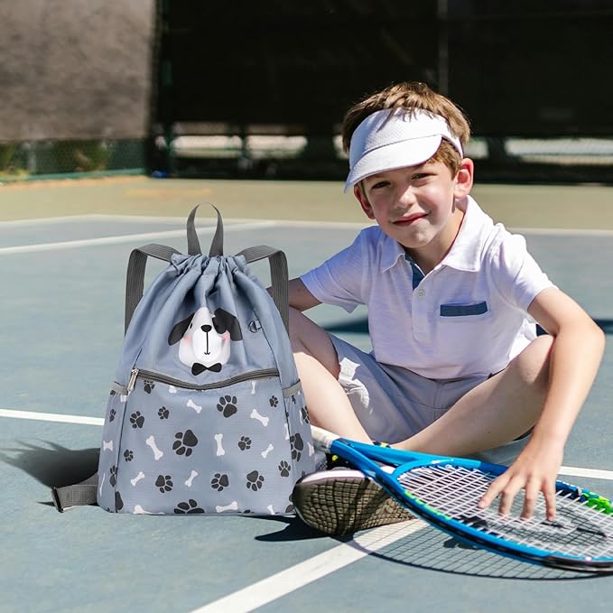 Children Boy Girl Dog Print Drawstring Backpack Outdoor Casaul Portable Shoulder Bag Swim Gymsack Sack Pack Grey